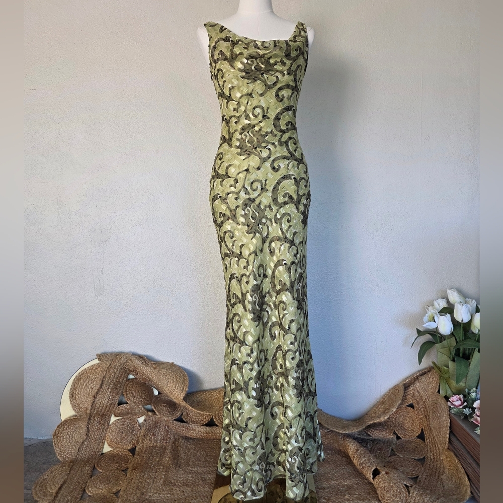 Vintage Cache Metallic Burnout Olive Chartreuse Gown Y2K Formal Glam Size 4 S/M